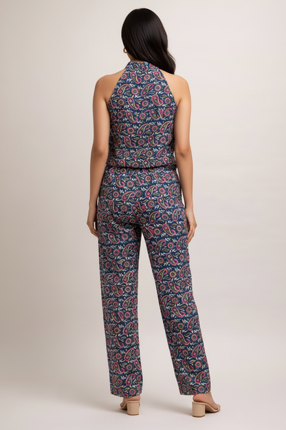 Women’s Cotton Kalamkari Hand Block Printed Co-Ord Set – Sleeveless Halter Neck Top & Straight Pants Outfit