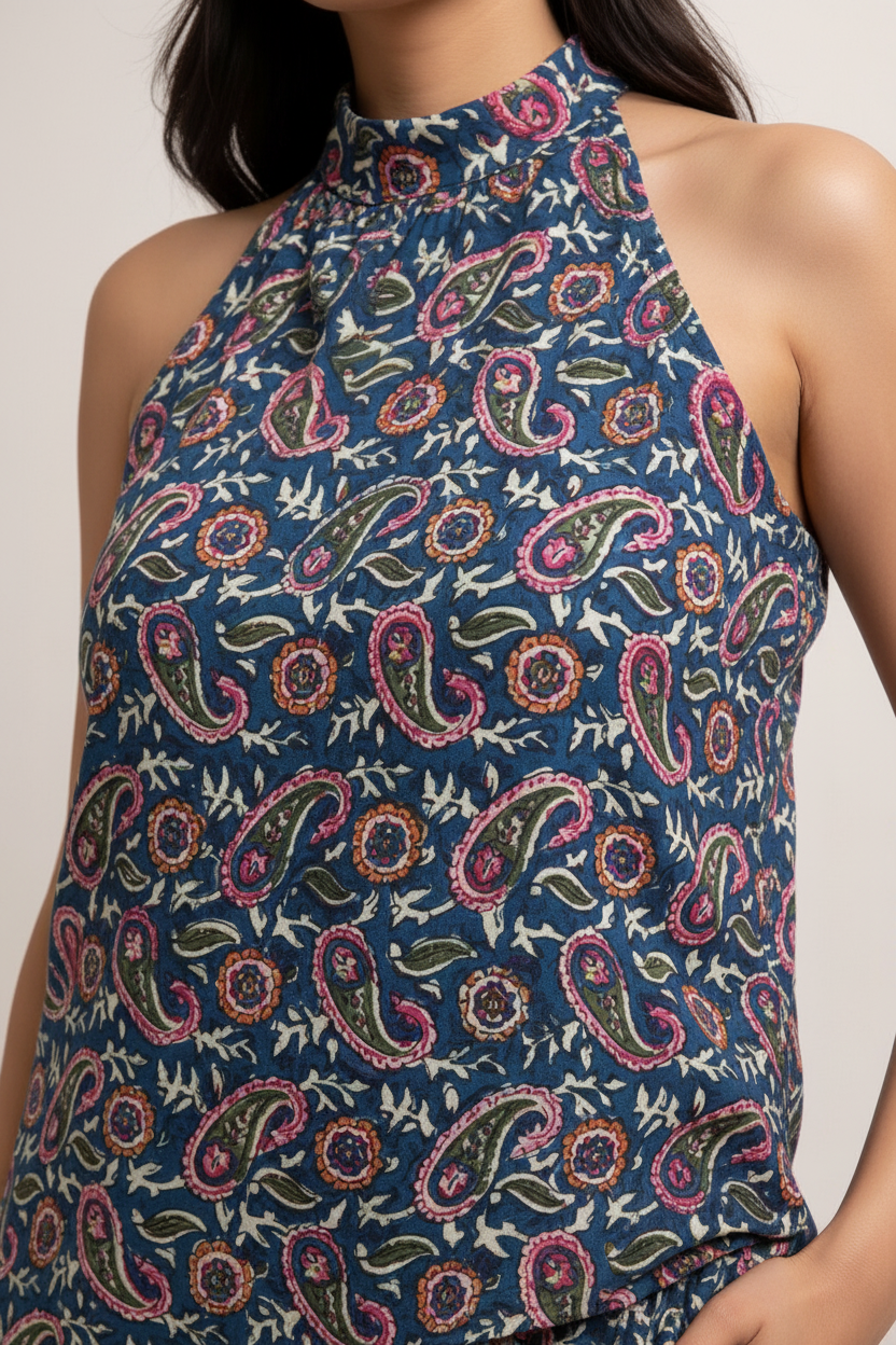 Women’s Cotton Kalamkari Hand Block Printed Co-Ord Set – Sleeveless Halter Neck Top & Straight Pants Outfit