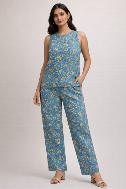 Women’s Cotton Hand Block Printed Co-Ord Set – Sleeveless Floral Top & Straight Pants Summer Casual Outfit