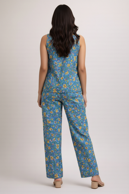 Women’s Cotton Hand Block Printed Co-Ord Set – Sleeveless Floral Top & Straight Pants Summer Casual Outfit