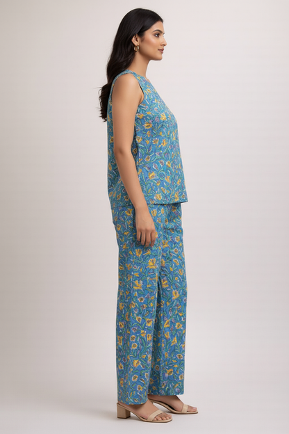 Women’s Cotton Hand Block Printed Co-Ord Set – Sleeveless Floral Top & Straight Pants Summer Casual Outfit