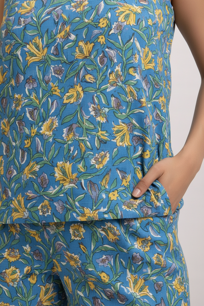 Women’s Cotton Hand Block Printed Co-Ord Set – Sleeveless Floral Top & Straight Pants Summer Casual Outfit