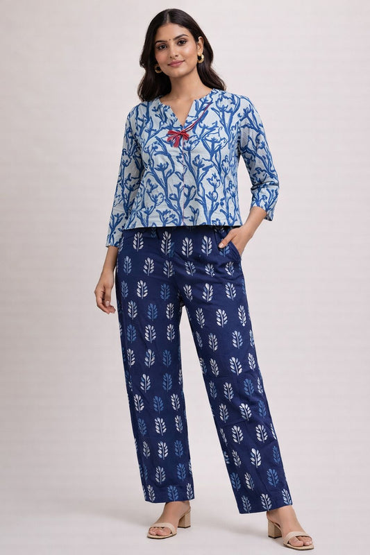 Women’s Indigo Dabu Hand Block Printed Cotton Co-Ord Set – 3/4 Sleeve Top & Straight Pants Ethnic Casual Outfit
