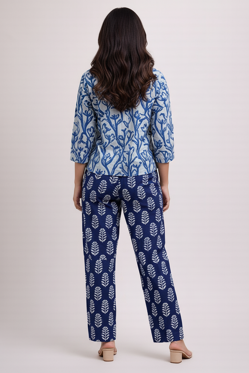 Women’s Indigo Dabu Hand Block Printed Cotton Co-Ord Set – 3/4 Sleeve Top & Straight Pants Ethnic Casual Outfit