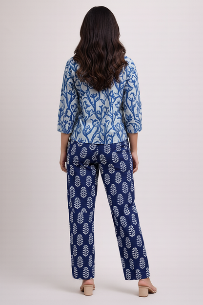 Women’s Indigo Dabu Hand Block Printed Cotton Co-Ord Set – 3/4 Sleeve Top & Straight Pants Ethnic Casual Outfit