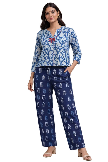Women’s Indigo Dabu Hand Block Printed Cotton Co-Ord Set – 3/4 Sleeve Top & Straight Pants Ethnic Casual Outfit