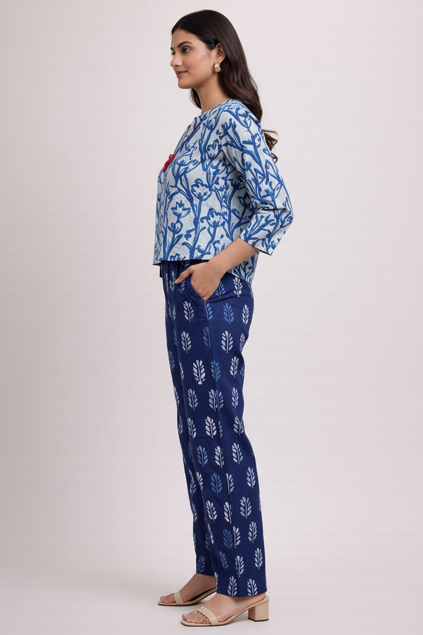 Women’s Indigo Dabu Hand Block Printed Cotton Co-Ord Set – 3/4 Sleeve Top & Straight Pants Ethnic Casual Outfit