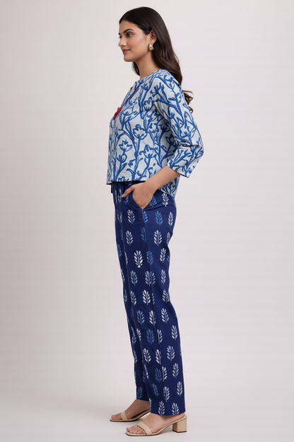 Women’s Indigo Dabu Hand Block Printed Cotton Co-Ord Set – 3/4 Sleeve Top & Straight Pants Ethnic Casual Outfit
