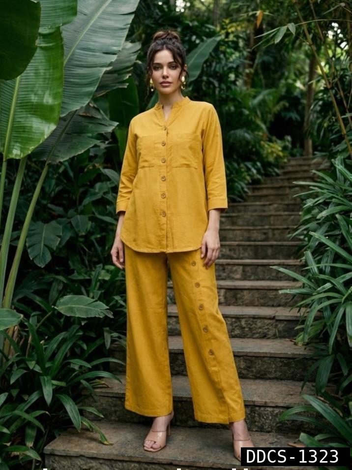 Women’s Mustard Cotton Co-Ord Set – Button Detail Kurta & Wide Leg Pant Set | Casual Ethnic Outfit