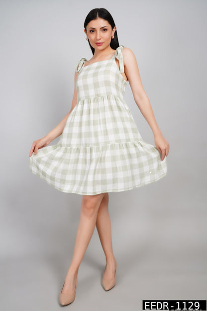 Women’s Green Gingham Cotton Summer Dress – Sleeveless Tie Strap Flared Casual Mini Dress