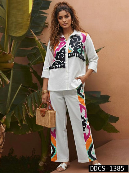 Women’s Printed Cotton Co-Ord Set – Ethnic Shirt Style Top & Straight Pant Casual Designer Outfit