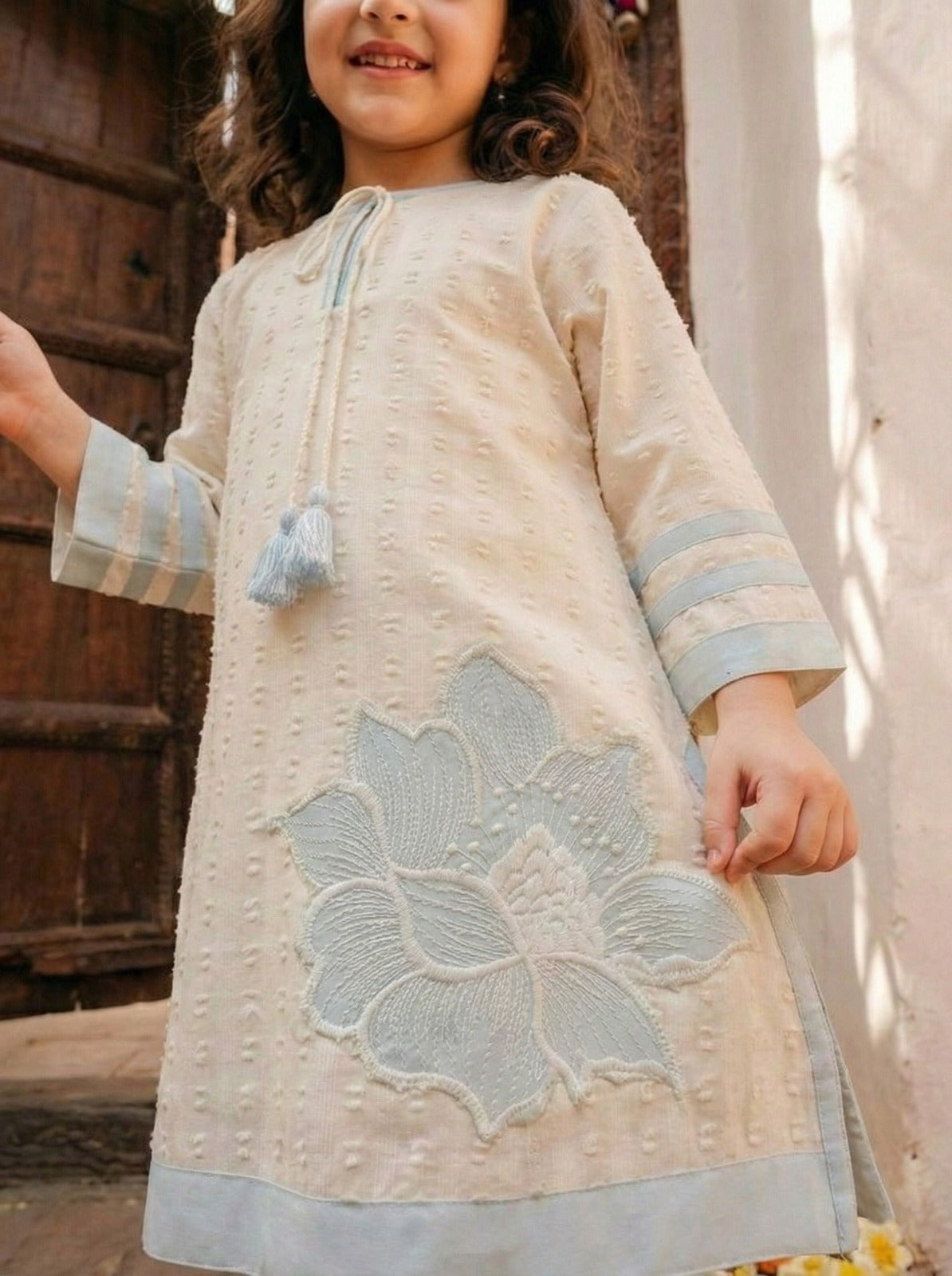 Girls Pure Cotton Co-Ord Set – Embroidered Floral Kurti & Pants | Kids Ethnic Casual Summer Outfit