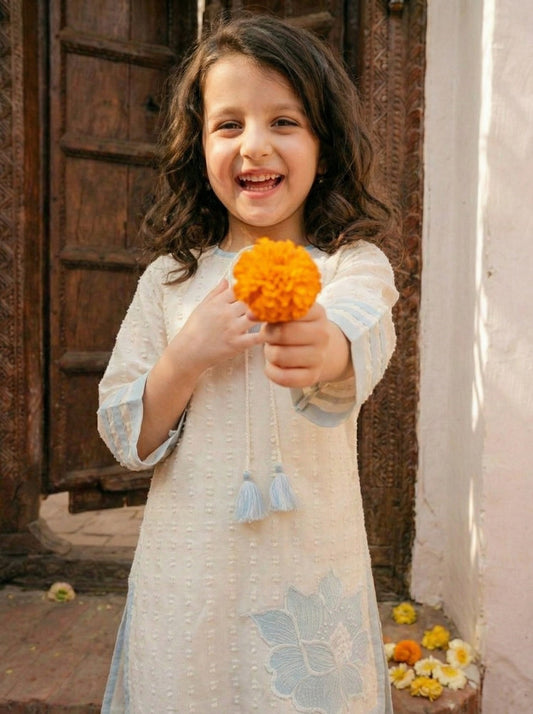 Girls Pure Cotton Co-Ord Set – Embroidered Floral Kurti & Pants | Kids Ethnic Casual Summer Outfit