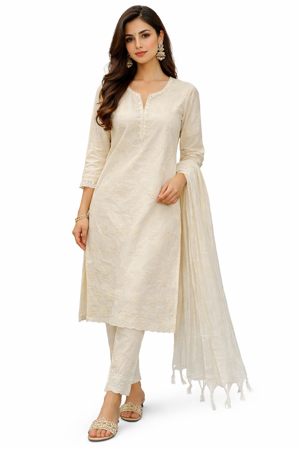 Women’s Khadi Cotton Kurti Pant Dupatta Set – Elegant Embroidered Straight Kurta Ethnic Suit for Festive, Office & Casual Wear