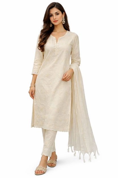 Women’s Khadi Cotton Kurti Pant Dupatta Set – Elegant Embroidered Straight Kurta Ethnic Suit for Festive, Office & Casual Wear