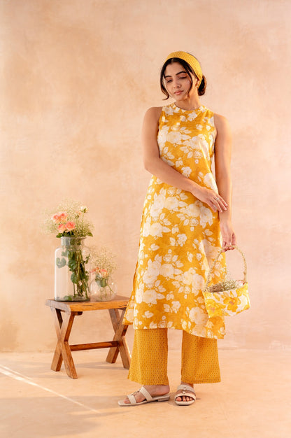 Women’s Floral Printed Sleeveless Kurti Pant Set – Stylish Cotton Ethnic Co-Ord for Casual, Summer & Vacation Wear