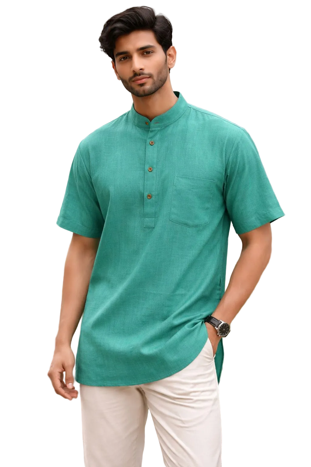 Men’s Cotton Short Kurta – Breathable Half Sleeve Casual Ethnic Shirt, Lightweight Summer Wear