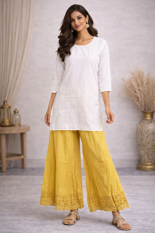 Women’s Cotton Divider Palazzo Pants – Flowy Wide Leg Ethnic Pants with Lace Hem for Summer Wear