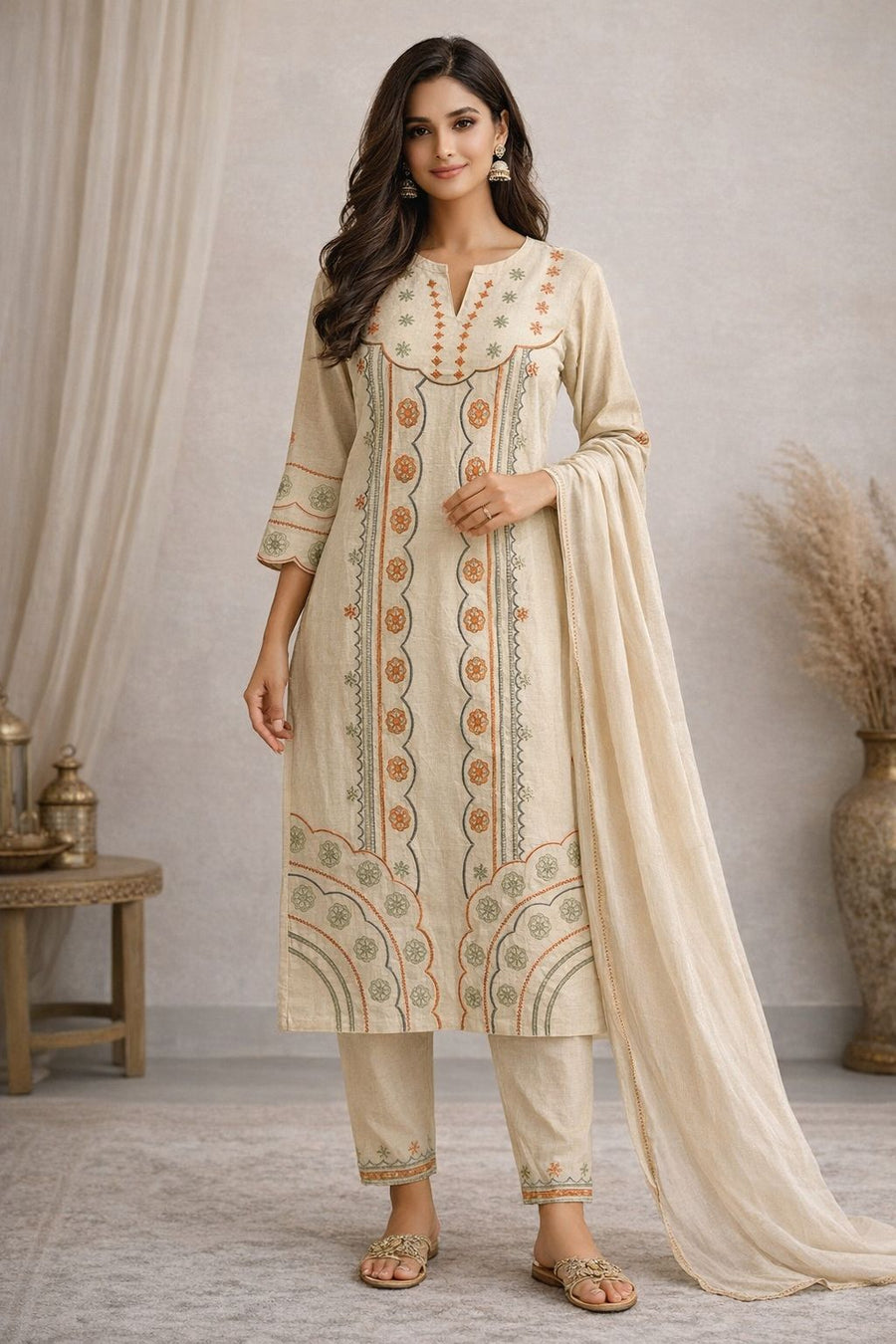 Women’s Khadi Cotton Kurti Set with Dupatta – Handblock Printed Ethnic Kurta Pant Set