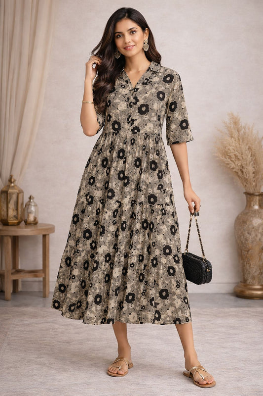 Women’s Cotton Floral Midi Dress – Soft Breathable Casual A-Line Summer Dress for Women