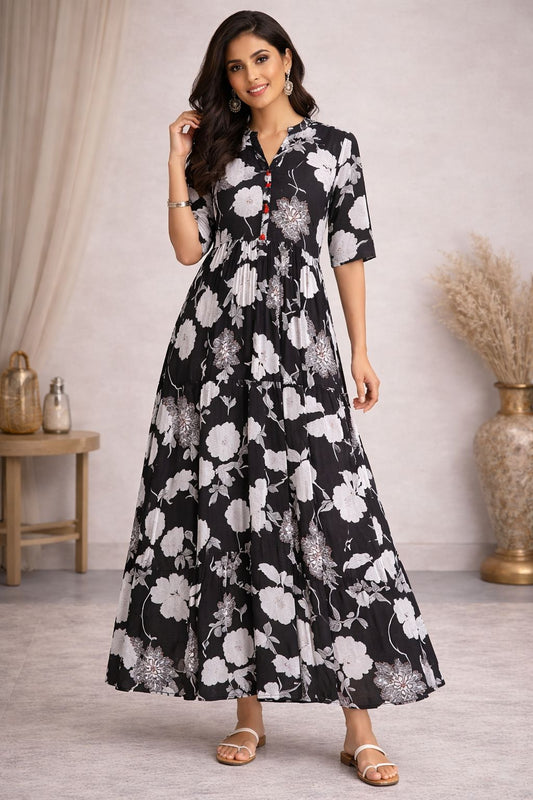 Women’s Cotton Floral Maxi Dress – Soft Breathable A-Line Long Dress for Casual & Summer Wear