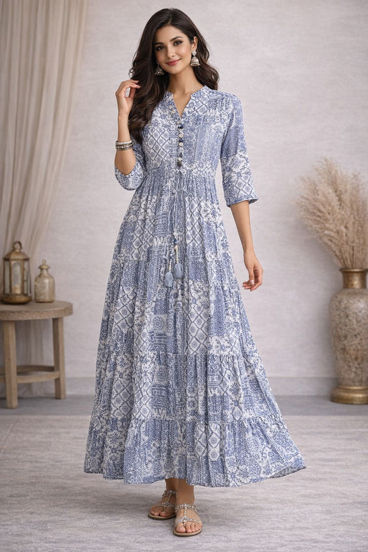 Women’s Cotton Printed Maxi Dress – Soft Breathable A-Line Long Summer Dress with 3/4 Sleeves