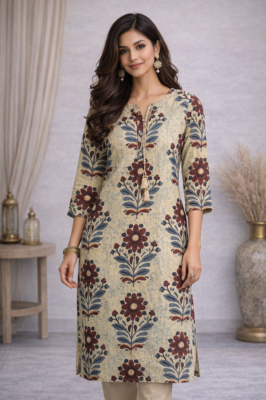 Women’s Cotton Printed Kurti – Floral Ethnic Straight Kurta with Tassel Neck, 3/4 Sleeve Casual Wear