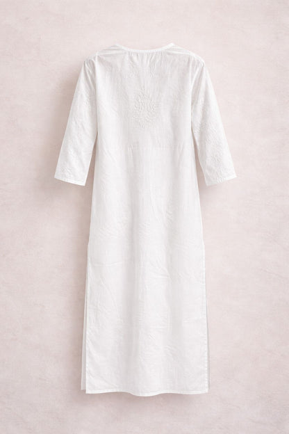 Women’s Cotton Chikankari Kurti – White Embroidered Straight Kurta with 3/4 Sleeves Ethnic Wear