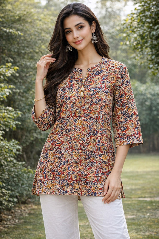 Women’s Kalamkari Hand Block Printed Cotton Short Kurti – Lightweight Ethnic Tunic Top for Summer Wear
