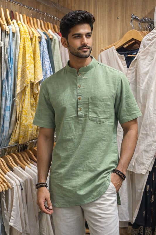Men’s Cotton Short Kurta Shirt – Lightweight Mandarin Collar Summer Casual Ethnic Tunic