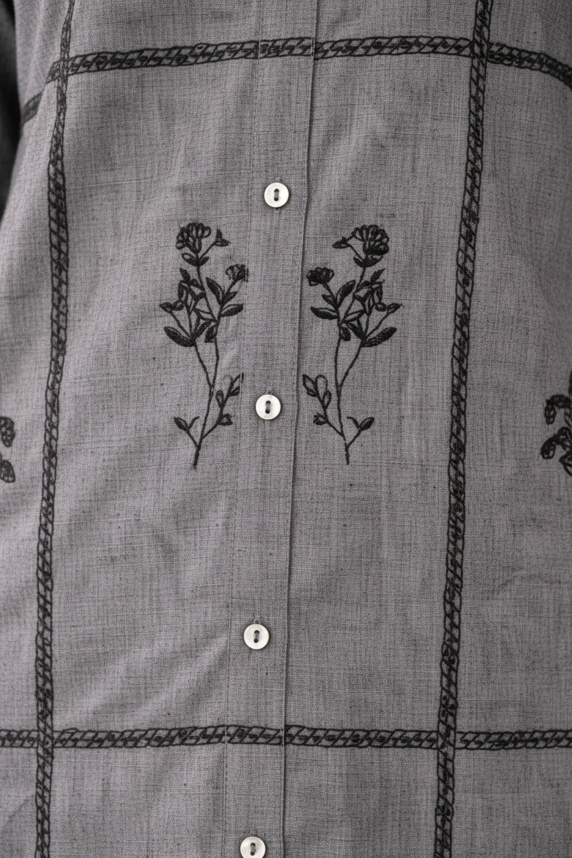 Women’s Grey Cotton Co-Ord Set – Embroidered Kurta Shirt & Straight Pants, Comfortable Ethnic Outfit