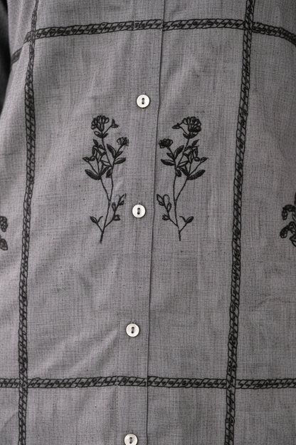 Women’s Grey Cotton Co-Ord Set – Embroidered Kurta Shirt & Straight Pants, Comfortable Ethnic Outfit