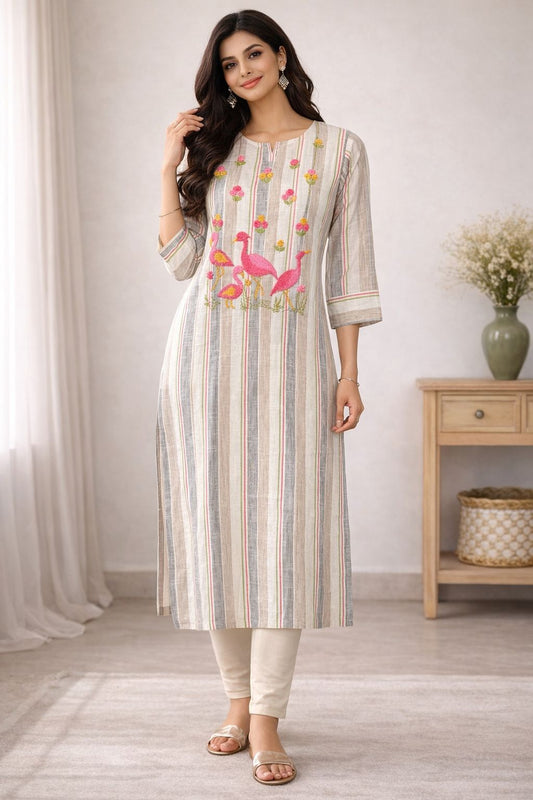Women’s Cotton Printed Kurti with Embroidery – Striped Floral Long Kurta, Lightweight Summer Ethnic Wear
