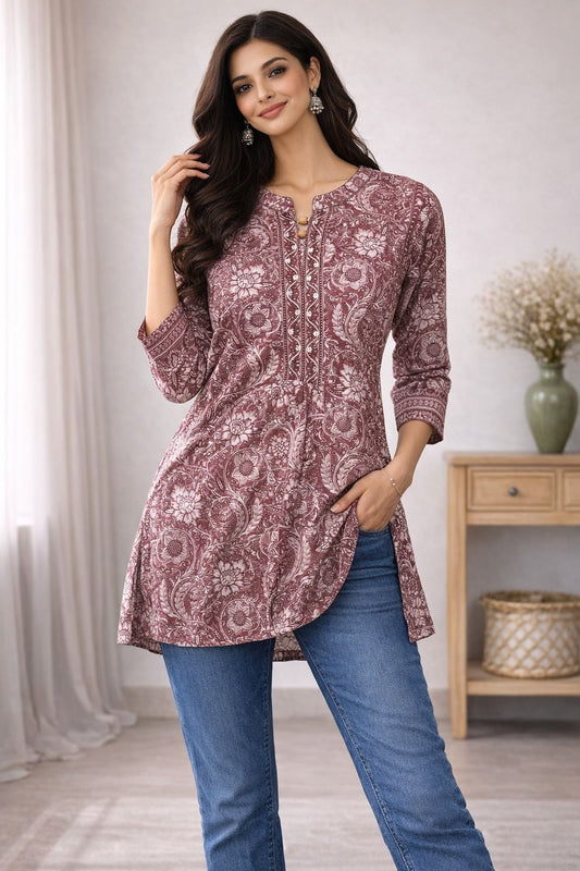 Women’s Cotton Printed Short Kurti – Maroon Floral Ethnic Tunic Top, Casual Summer Wear for Women