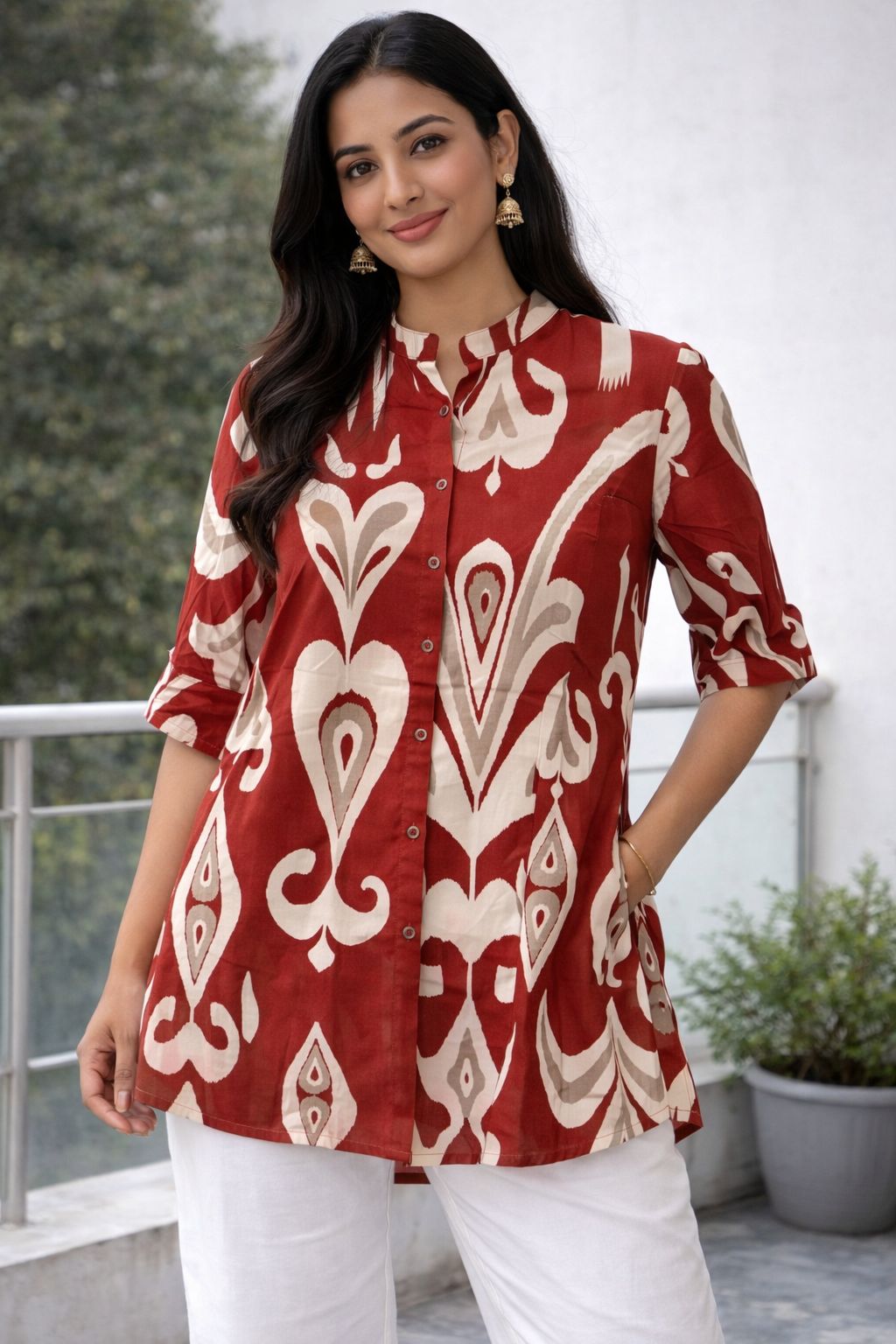 Women Red & Beige Printed Cotton Straight Kurta