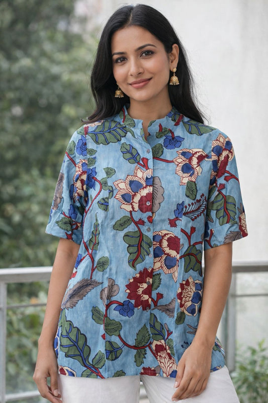 Women Blue Floral Printed Rayon Straight Kurti