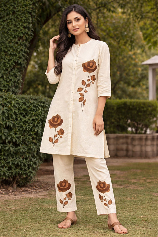 Women’s Khadi Cotton Co-Ord Set with Floral Print – Handcrafted Ethnic Summer Outfit, Breathable Kurti & Pant Set