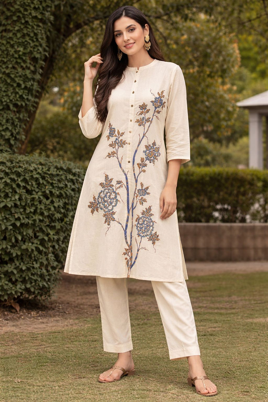 Women’s Khadi Cotton Kurti Set with Floral Print – Elegant Ethnic Kurta & Pant Set, Breathable Summer Wear