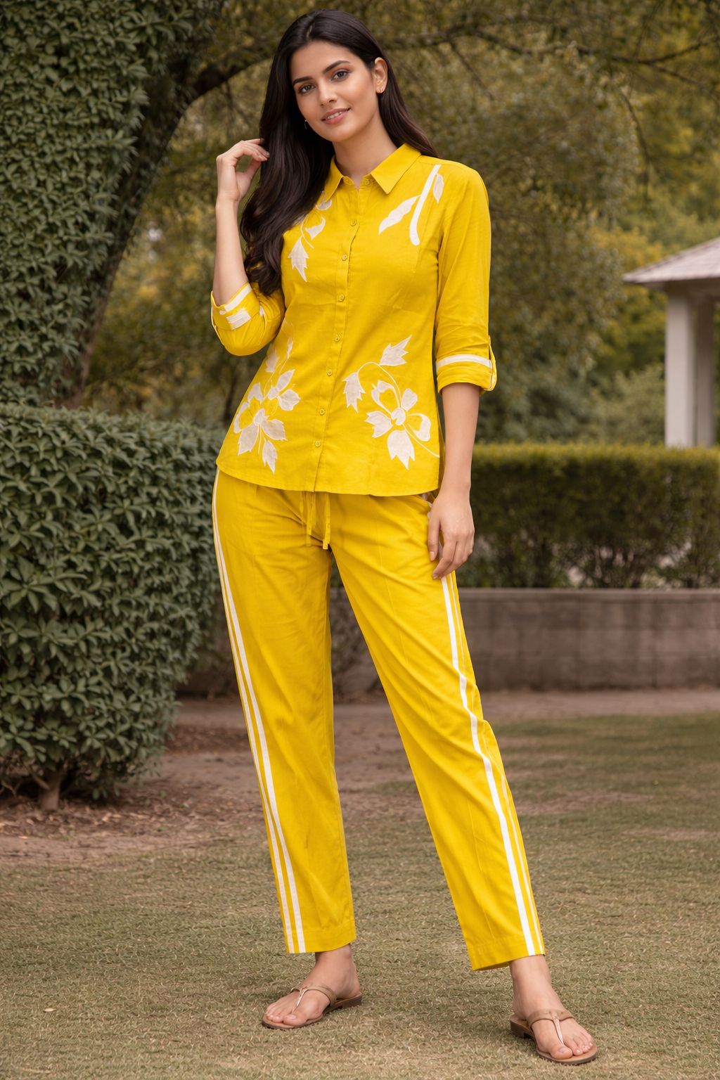 Women’s Cotton Co-Ord Set with Floral Print – Stylish Shirt & Pant Set, Lightweight Casual Summer Outfit