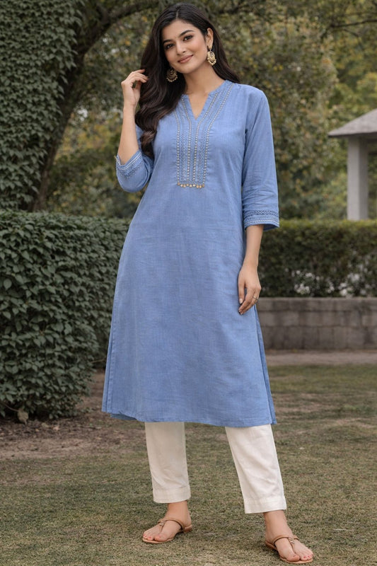 Women’s Khadi Cotton Kurti – Solid Blue Straight Kurta with Embroidered Neckline, Breathable Ethnic Summer Wear