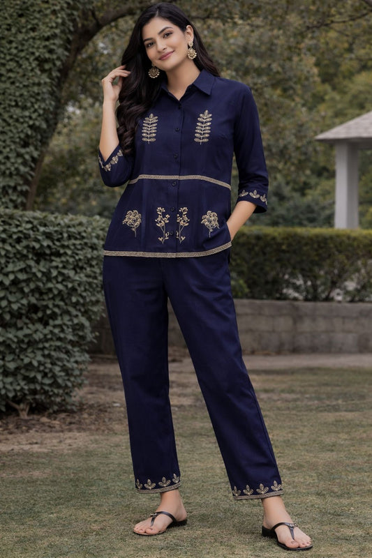 Women’s Cotton Co-Ord Set – Navy Blue Embroidered Shirt & Pant Set, Elegant Casual Ethnic Outfit