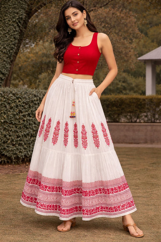 Women’s Hand Block Printed Mal Cotton Skirt – White & Red Flared Maxi Skirt with Ethnic Print, Lightweight Summer Wear