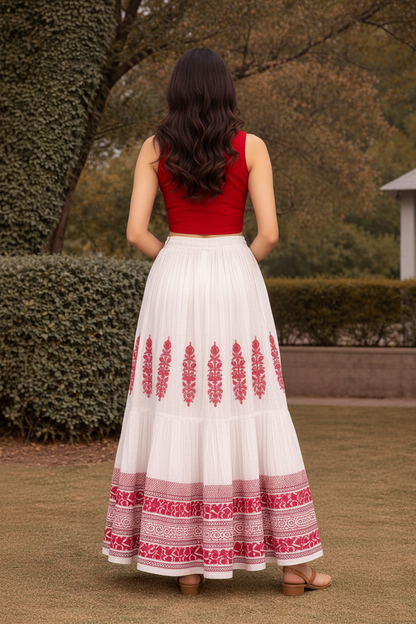 Women’s Hand Block Printed Mal Cotton Skirt – White & Red Flared Maxi Skirt with Ethnic Print, Lightweight Summer Wear