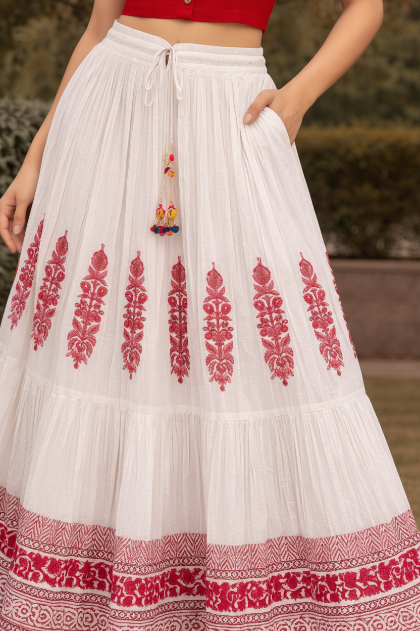 Women’s Hand Block Printed Mal Cotton Skirt – White & Red Flared Maxi Skirt with Ethnic Print, Lightweight Summer Wear