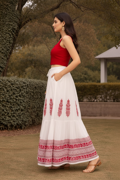 Women’s Hand Block Printed Mal Cotton Skirt – White & Red Flared Maxi Skirt with Ethnic Print, Lightweight Summer Wear