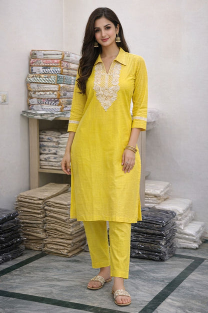 Women’s Yellow Cotton Kurti Pant Set with Embroidered Neck | Comfortable Summer Ethnic Wear | Natural Fab