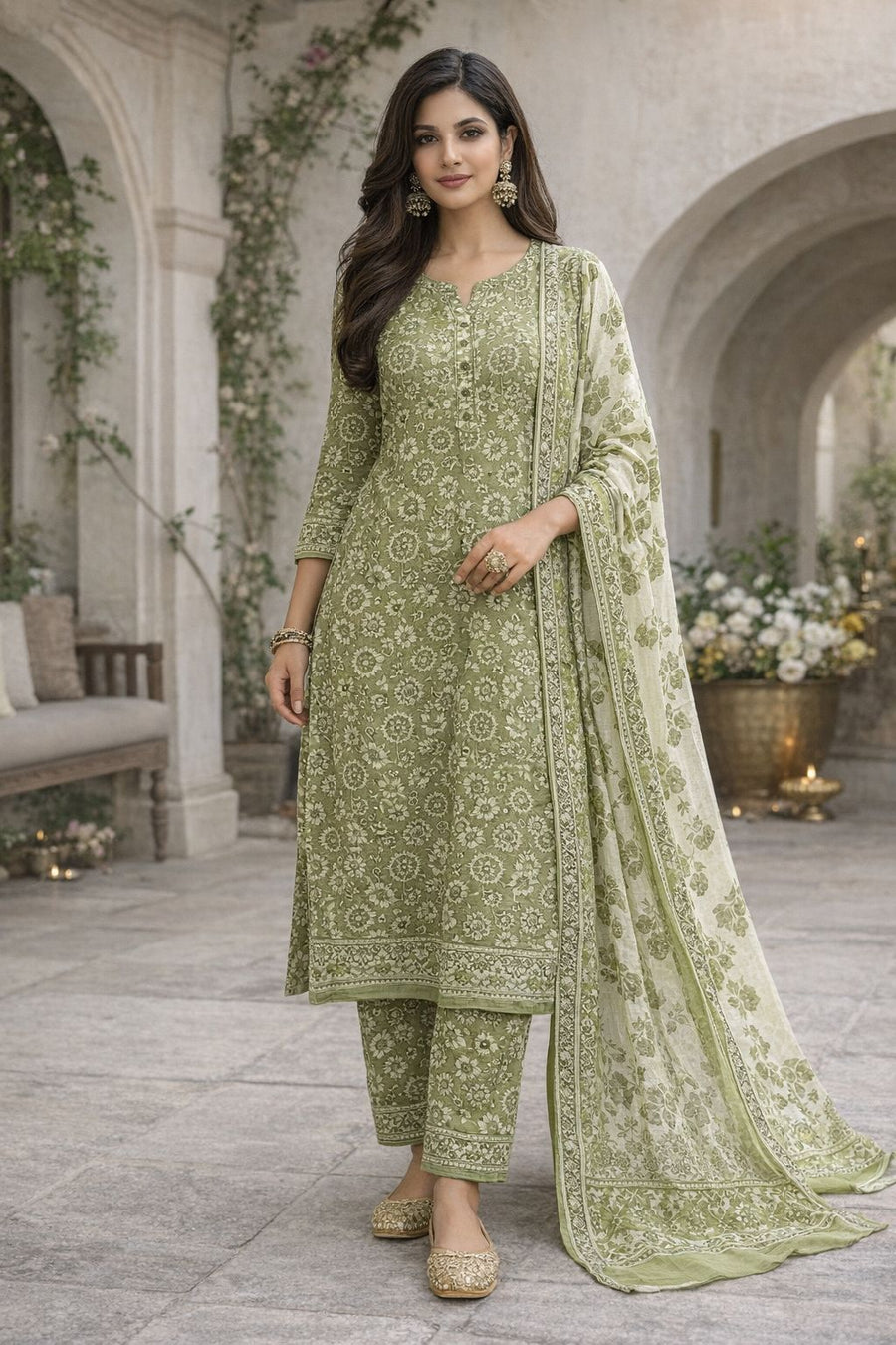 Women’s Green Cotton Kurti Pant Set with Dupatta | Floral Printed Ethnic Suit Set | Comfortable Daily Wear | Natural Fab