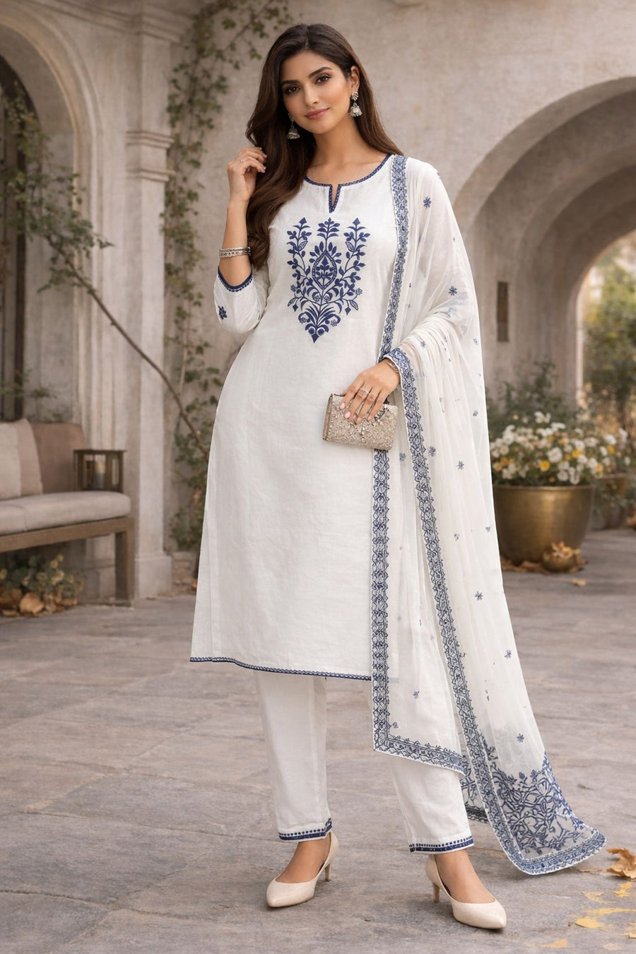Women’s White Cotton Mal Kurti Set with Blue Embroidery | Elegant Straight Kurta Pant Dupatta Set | Summer Ethnic Wear for Women