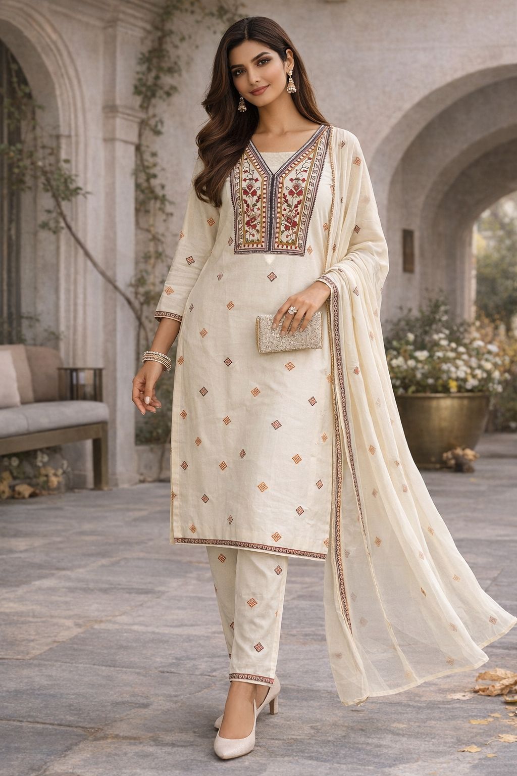 Women’s Cream Cotton Kurti Set with Embroidered Yoke | Elegant Straight Kurta Pant Dupatta Set | Ethnic Wear for Office & Festive