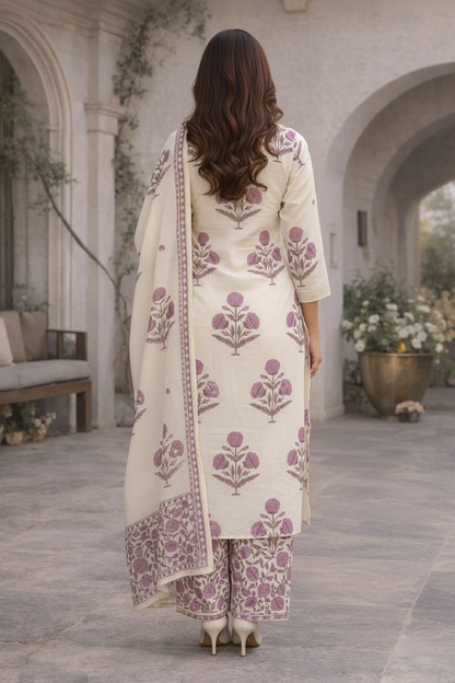 Women’s Hand Block Print Cotton Kurti Set with Dupatta | Floral Printed Kurta Pant Set | Ethnic Wear for Daily & Festive